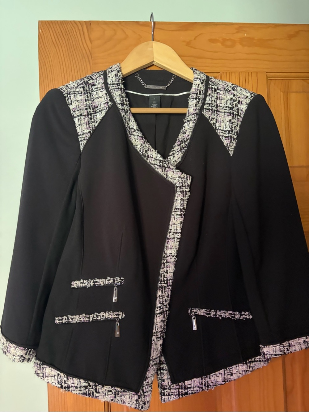 White House Black Market Black Jacket with Tweed Trim